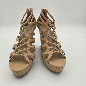Tan Strappy Wedge Sandals With Back Zipper Closure Size 9.5